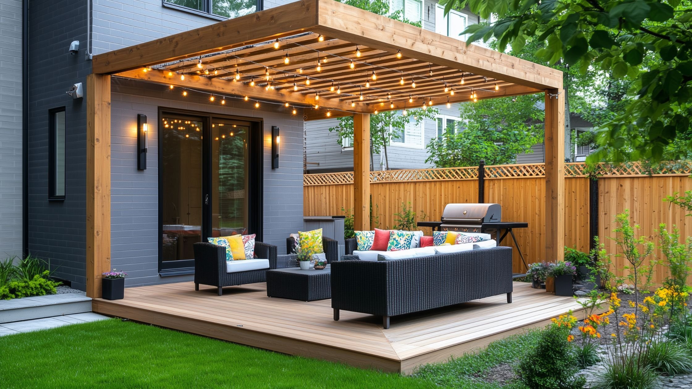 covered deck in a backyard with pergola