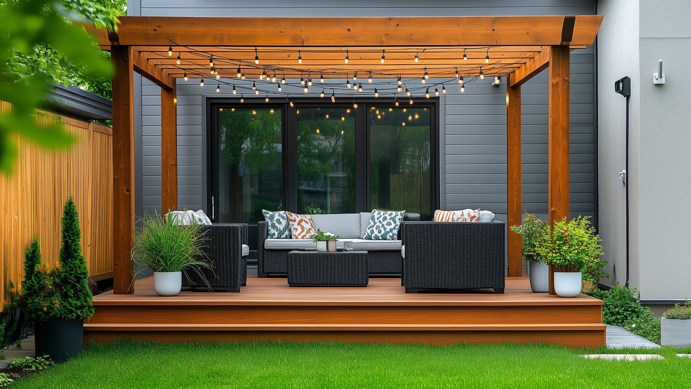 covered deck in prescott az with pergola and hanging lights