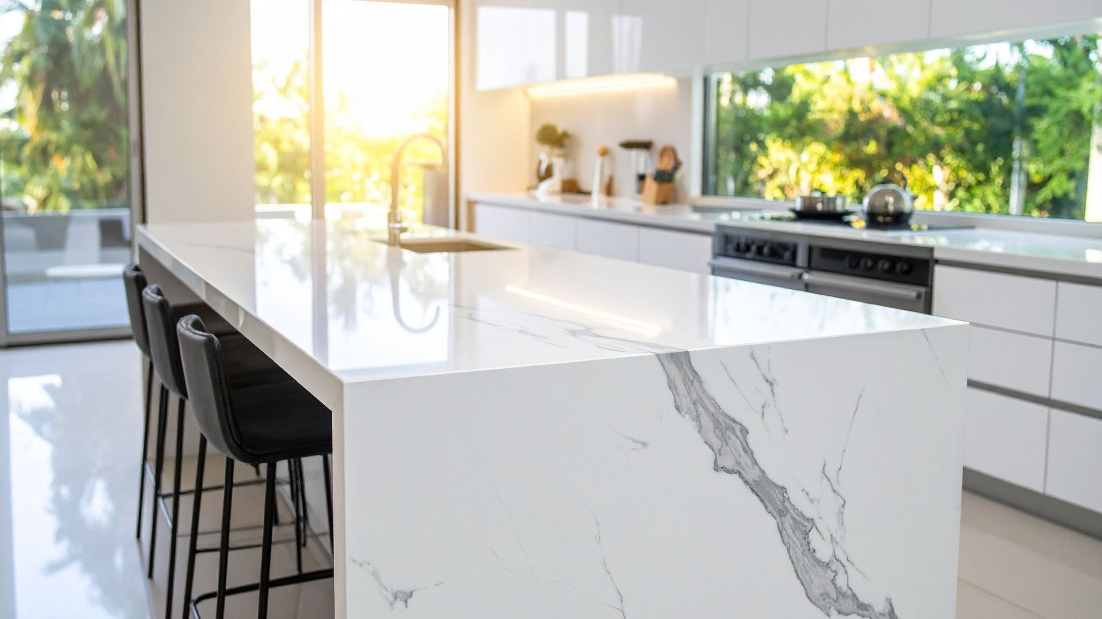 marble kitchen counter with waterfall edge kitchen island in an arizona home remodel