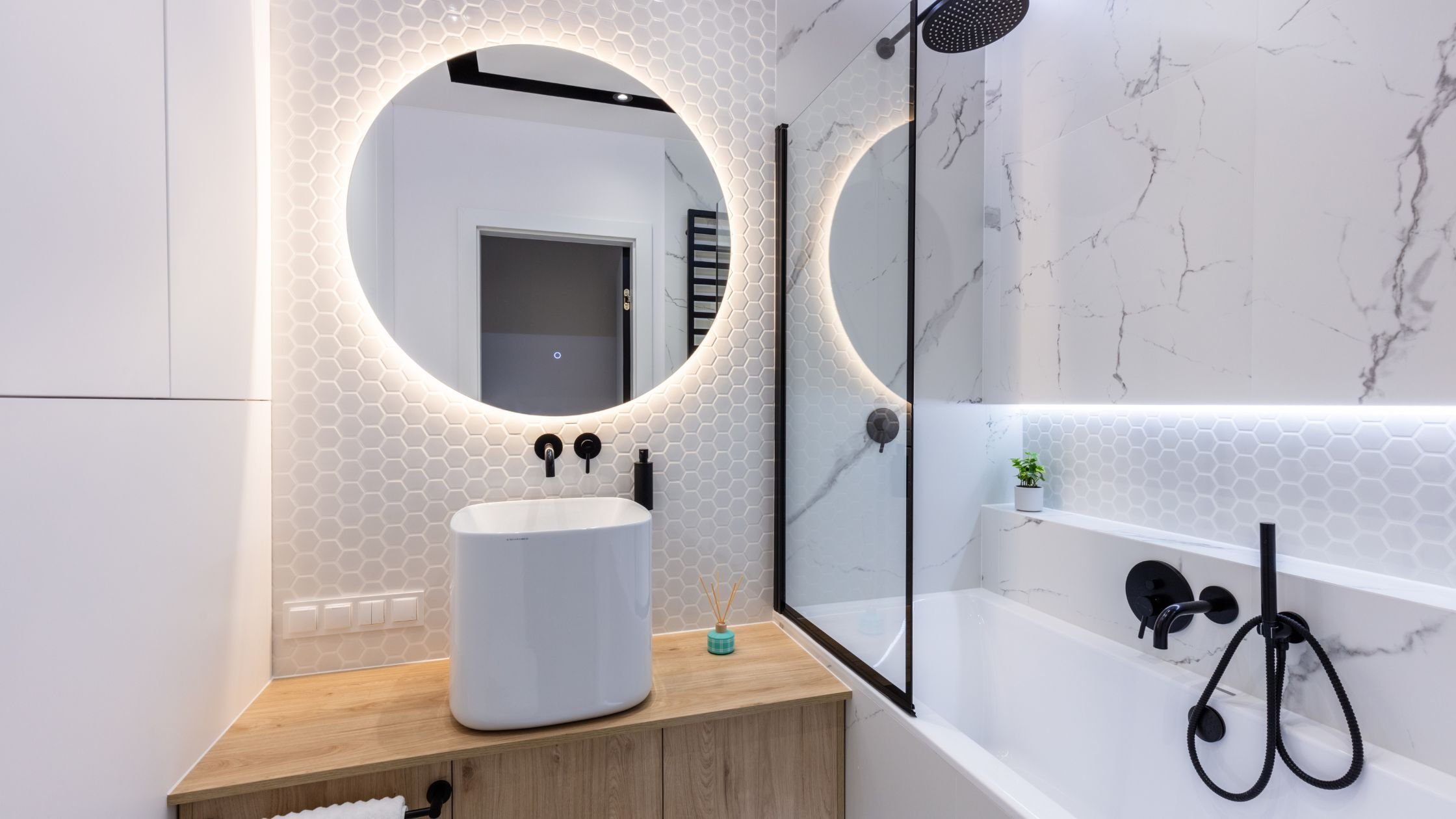 prescott valley bathroom remodel with light up bathroom mirror and modern farmhouse design