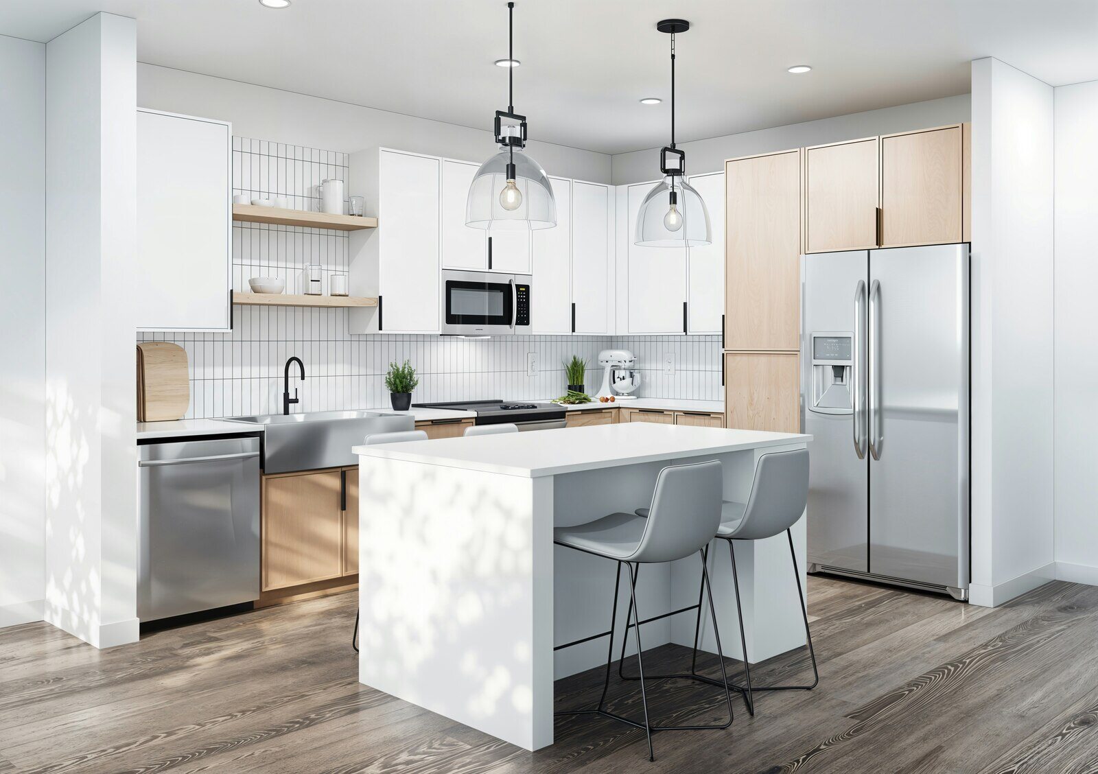 Modern kitchen remodel featuring white cabinets, wood accents, and stainless steel appliances in Prescott, AZ by Crosby Home Services