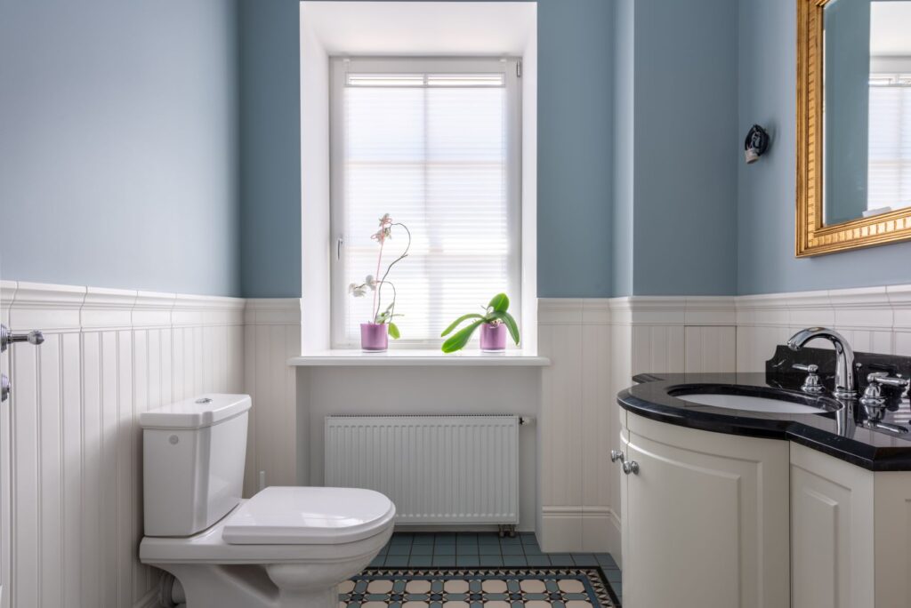 Blue Bathroom & White Vanity